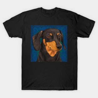 Black and Gold Dachshund Portrait on Blue T-Shirt